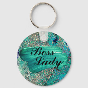 Glittery Aqua Paint Strokes Boss Lady  Key Ring