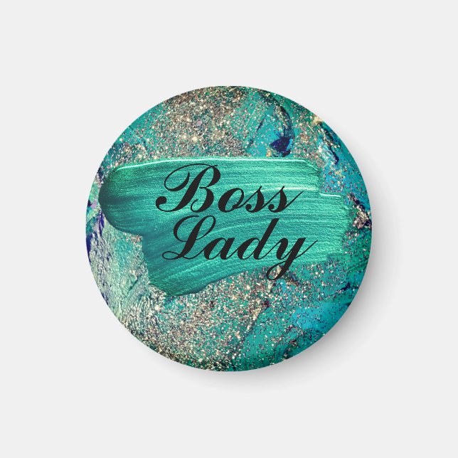 Glittery Aqua Paint Strokes Boss Lady Magnet (Front)