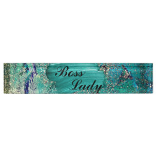 Glittery Aqua Paint Strokes Boss Lady    Nameplate