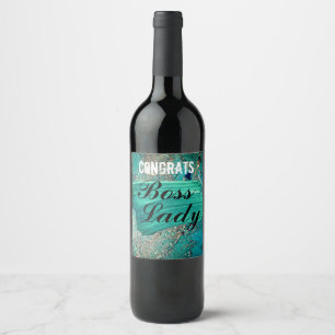 Glittery Aqua Paint Strokes Boss Lady    Wine Label