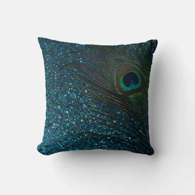 Glittery Aqua Peacock Feather Cushion (Front)