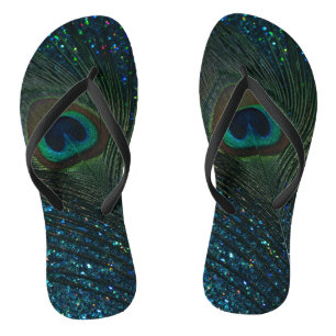 Glittery Aqua Peacock Feather Thongs