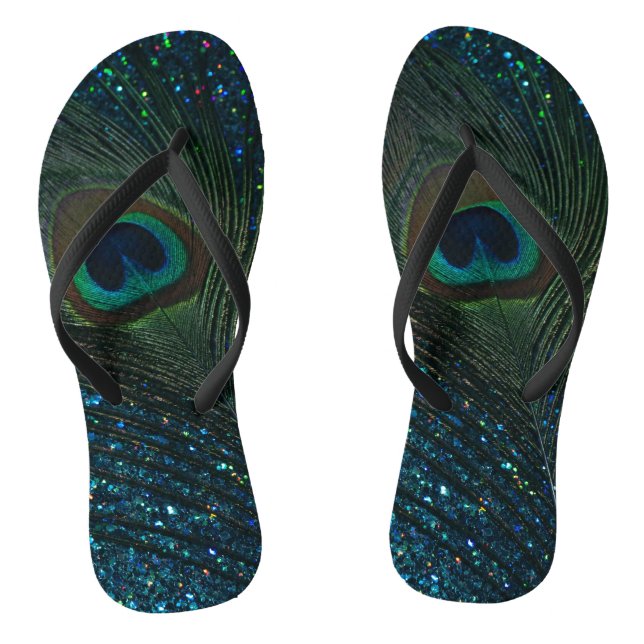 Glittery Aqua Peacock Feather Thongs (Footbed)