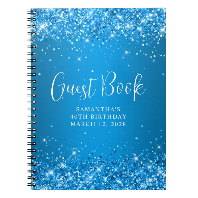 Glittery Azure Ombre 40th Birthday Guest Notebook (Front)