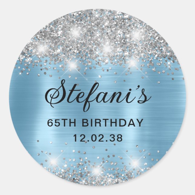 Glittery Baby Blue Foil 65th Birthday Classic Classic Round Sticker (Front)