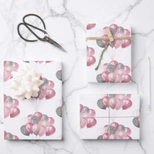 Glittery Balloon Bunch Pink and Silver Pattern Wrapping Paper Sheet