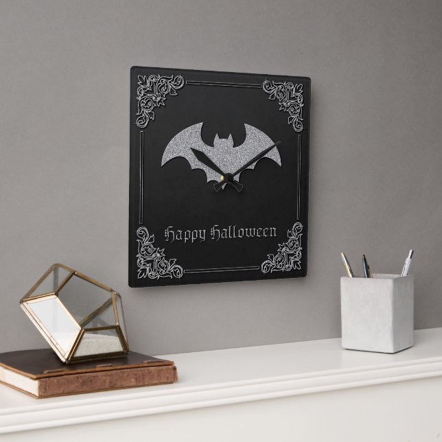 Glittery Bat Halloween Square Wall Clock (Office)