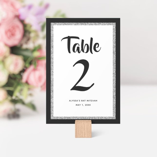 Glittery Bat Mitzvah Black and Silver  Table Number (Creator Uploaded)