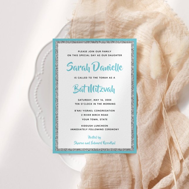 Glittery Bat Mitzvah Blue and Silver Rectangle Invitation (Creator Uploaded)