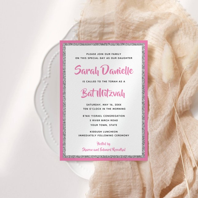 Glittery Bat Mitzvah Pink and Silver Rectangle Invitation (Creator Uploaded)