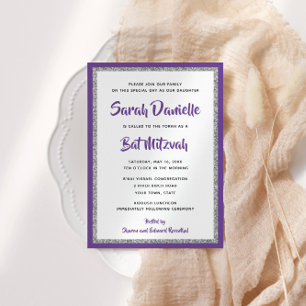 Glittery Bat Mitzvah Purple and Silver Rectangle Invitation