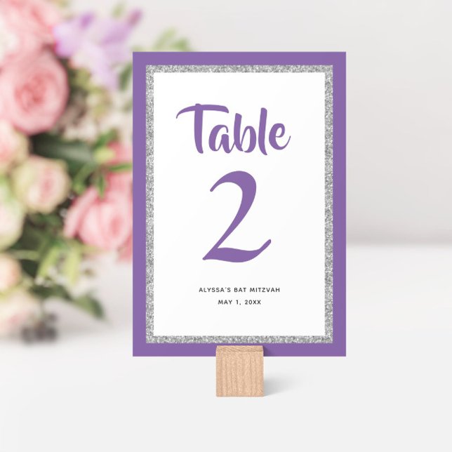 Glittery Bat Mitzvah Purple and Silver  Table Number (Creator Uploaded)