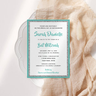 Glittery Bat Mitzvah Teal and Silver Rectangle Invitation