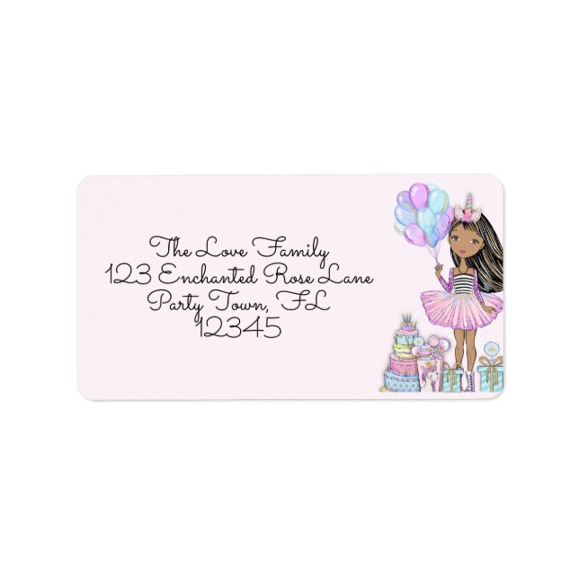Glittery Birthday African American Girl Unicorn  Label (Front)