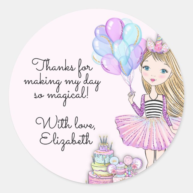 Glittery Birthday Glam Girl Unicorn  Classic Round Sticker (Front)