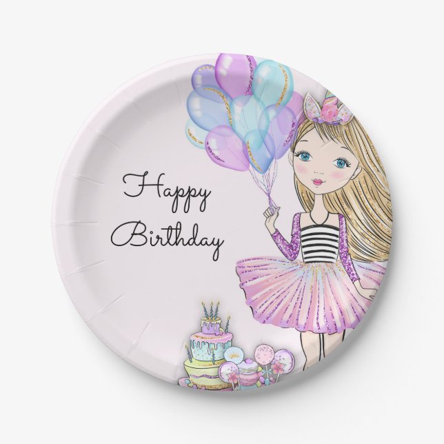 Glittery Birthday Glam Girl Unicorn  Paper Plate (Front)