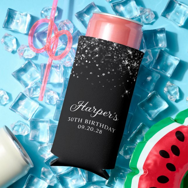 Glittery Black 30th Birthday Seltzer Can Cooler (In Situ Summer)