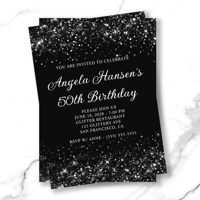 Glittery Black 50th Birthday Invitation (Glittery Black 50th Birthday Invitation)