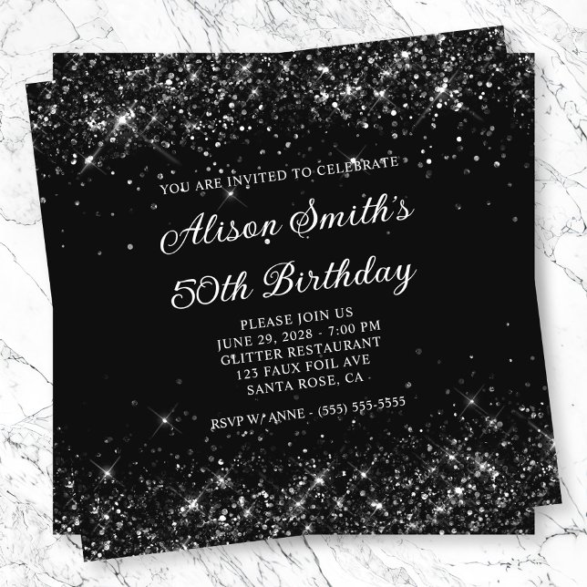 Glittery Black 50th Birthday Invitation (Glittery Black 50th Birthday Invitation)
