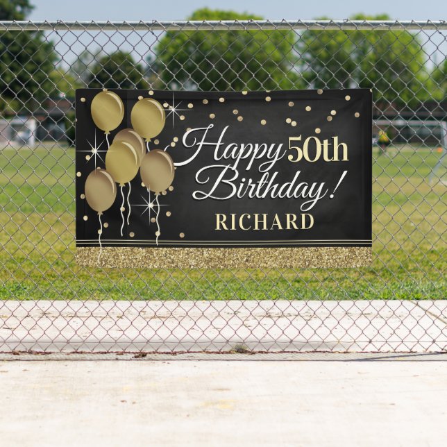Glittery Black and Gold Happy Birthday Banner (Insitu)