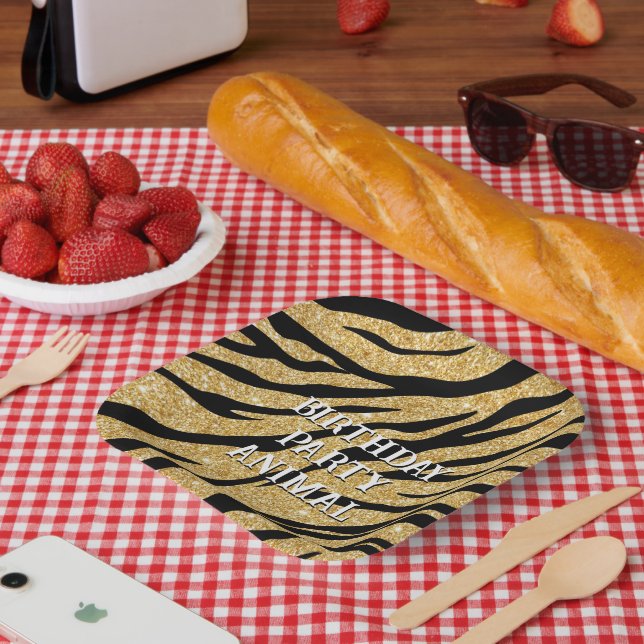 Glittery Black and Gold Tiger Stripe Paper Plates (Picnic)