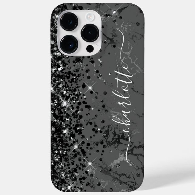 Glittery Black Marble Glam Girly Signature Case-Mate iPhone Case (Back)
