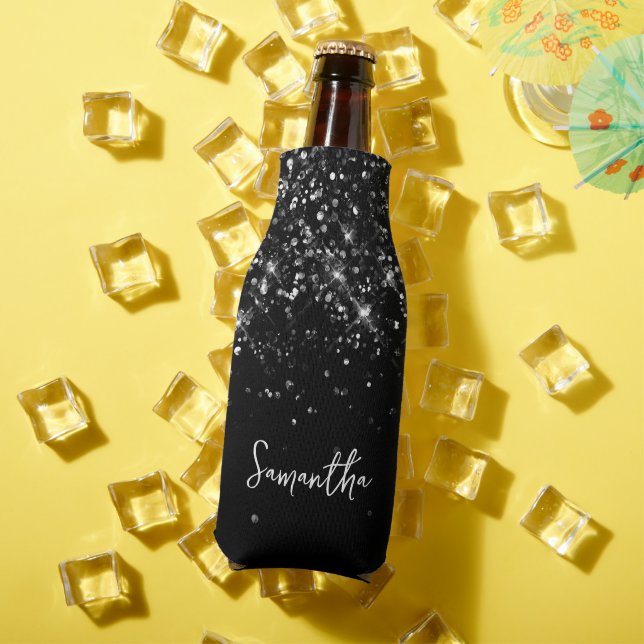 Glittery Black Script Name Bottle Cooler (In Situ Summer)