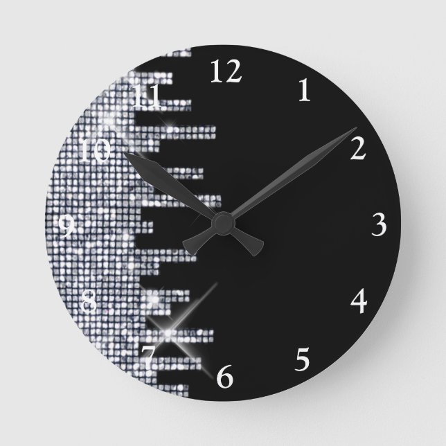 Glittery Black/Silver Glamour Round Clock (Front)