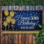 Glittery Blue and Gold Happy Birthday Banner<br><div class="desc">Fun banner sign for indoors or out,  featuring some glam metallic balloons and glittery confetti on a rich textured royal blue background for your personalised birthday banner.</div>