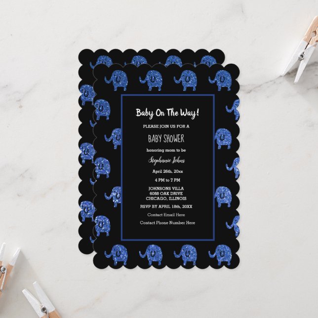 Glittery Blue Baby Shower Elephant Animals Black Invitation (Front/Back In Situ)