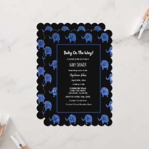 Glittery Blue Baby Shower Elephant Animals Black Invitation