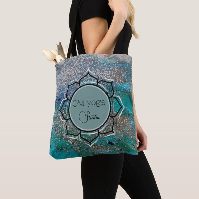 Glittery Blue Elegant OM Lotus Business Logo  Tote Bag (Close Up)