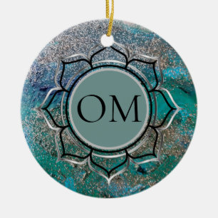 Glittery Blue Elegant OM Lotus    Ceramic Ornament