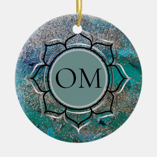 Glittery Blue Elegant OM Lotus    Ceramic Ornament (Front)