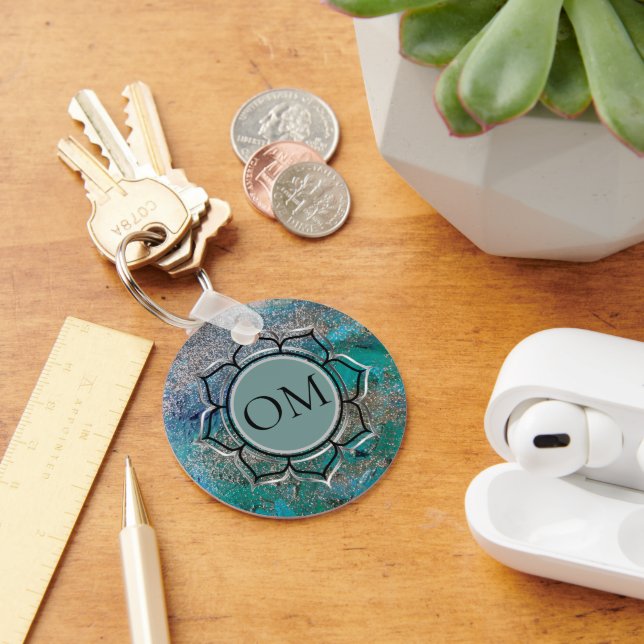 Glittery Blue Elegant OM Lotus  Key Ring (Desk)