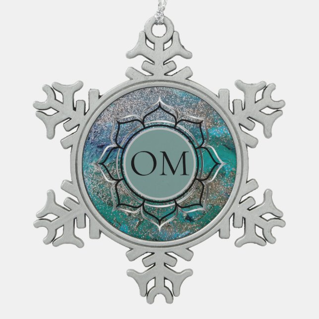 Glittery Blue Elegant OM Lotus    Snowflake Pewter Christmas Ornament (Front)