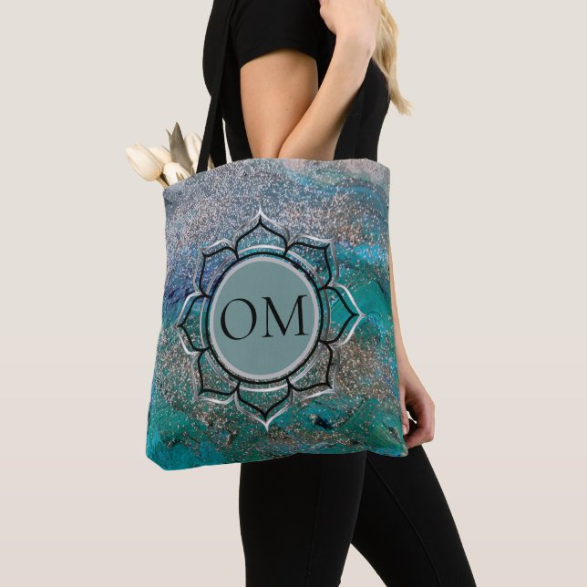 Glittery Blue Elegant OM Lotus Tote Bag (Close Up)