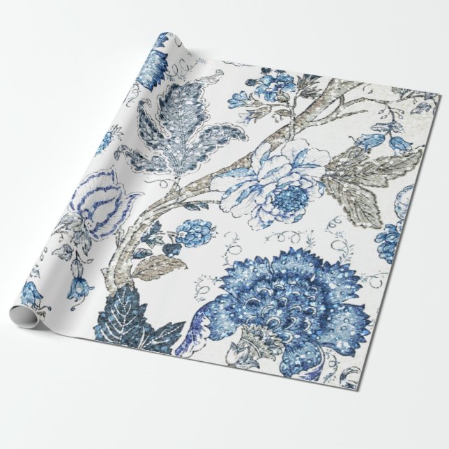 Glittery Blue Floral on Winter White Wrapping Paper (Unrolled)
