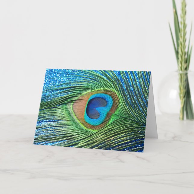 Glittery Blue Peacock Feather Still Life Card (Front)