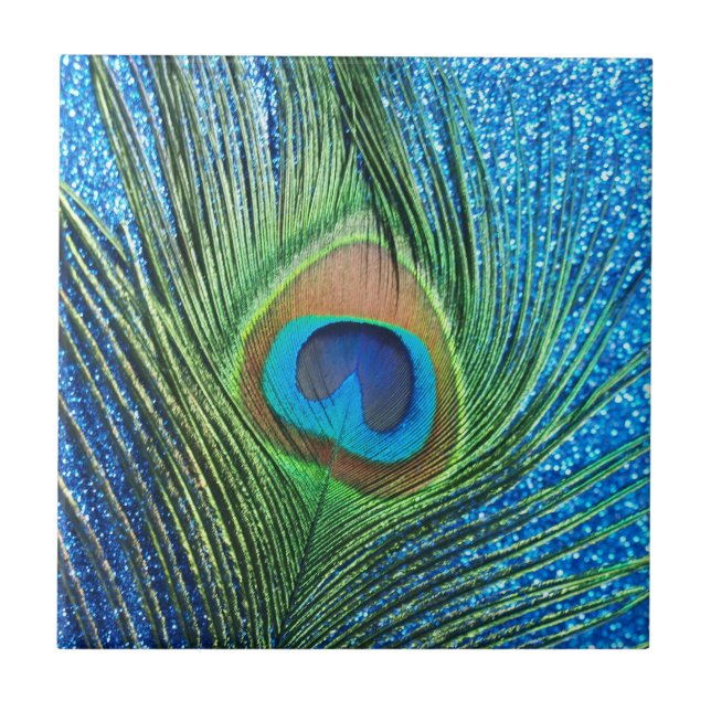 Glittery Blue Peacock Feather Still Life Ceramic Tile (Front)