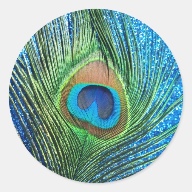 Glittery Blue Peacock Feather Still Life Classic Round Sticker (Front)
