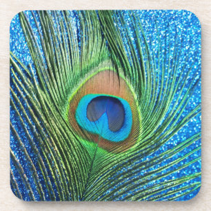 Glittery Blue Peacock Feather Still Life Coaster