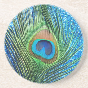 Glittery Blue Peacock Feather Still Life Coaster
