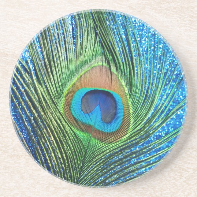 Glittery Blue Peacock Feather Still Life Coaster (Front)