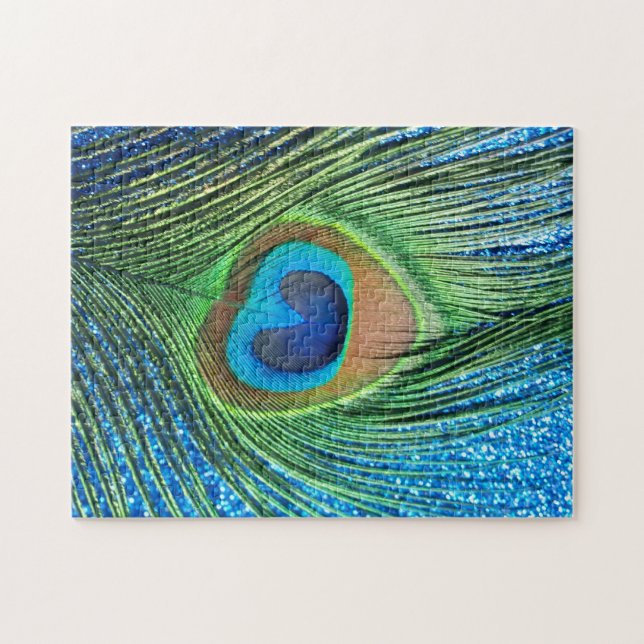 Glittery Blue Peacock Feather Still Life Jigsaw Puzzle (Horizontal)