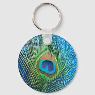 Glittery Blue Peacock Feather Still Life Key Ring