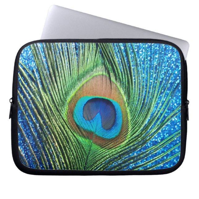 Glittery Blue Peacock Feather Still Life Laptop Sleeve (Front)