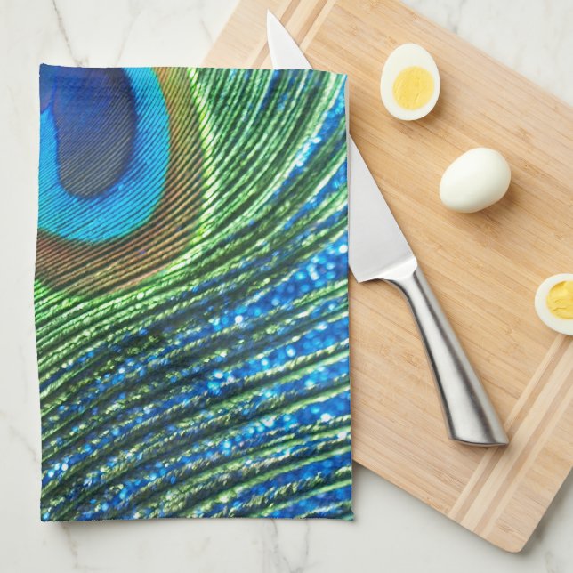 Glittery Blue Peacock Feather Still Life Tea Towel (Quarter Fold)