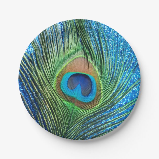 Glittery Blue Peacock Paper Plate (Front)