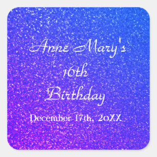 Glittery Blue Sparkle 16th Birthday Custom Name  Square Sticker
